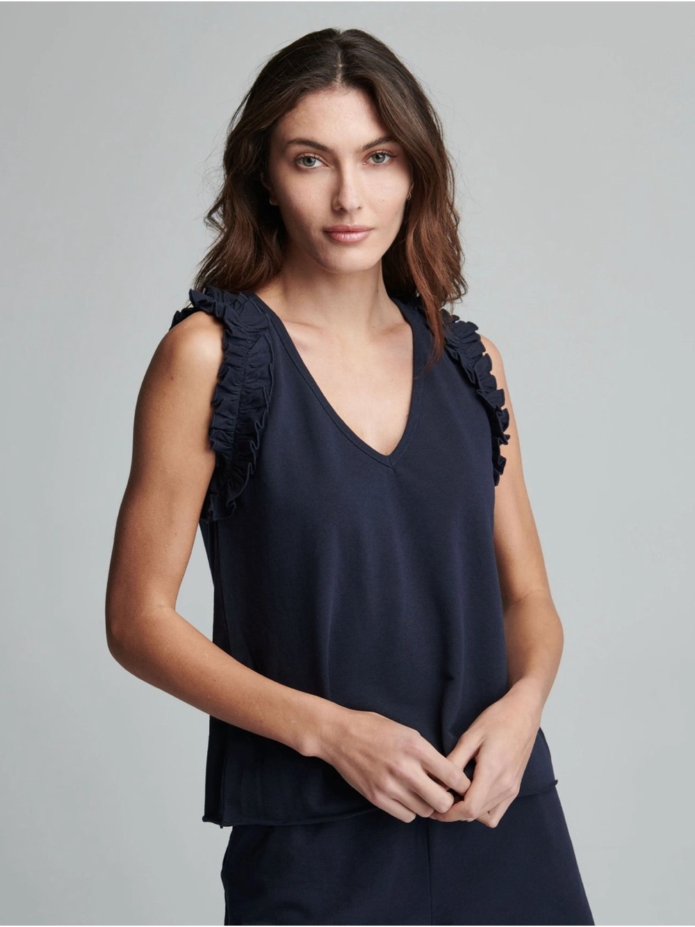 Sundays Kate Navy Ruffle V-Neck Tank size L